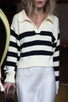 Casual Daily Striped Contrast Turndown Collar Tops