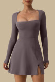 Sexy Simplicity Solid Slit Square Collar Long Sleeve Dresses