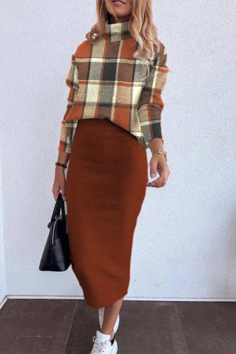 Elegant Geometric Print Patchwork Turtleneck Long Sleeve Two Pieces