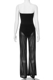 Sexy Solid See-through Strapless Straight Jumpsuits