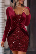 Elegant Solid Sequins Sequined V Neck Wrapped Skirt Dresses