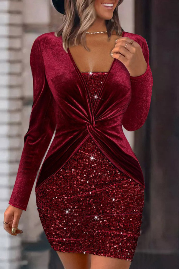 Elegant Solid Sequins Sequined V Neck Wrapped Skirt Dresses