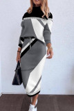 Elegant Geometric Print Patchwork Turtleneck Long Sleeve Two Pieces