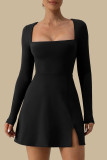 Sexy Simplicity Solid Slit Square Collar Long Sleeve Dresses