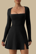 Sexy Simplicity Solid Slit Square Collar Long Sleeve Dresses
