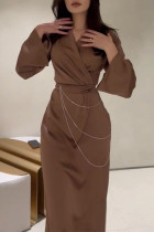 Celebrities Elegant Solid Metal Accessories Decoration Fold O Neck Waist Skirt Dresses
