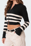 Casual Daily Striped Zipper Weave O Neck Tops