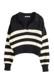 Casual Daily Striped Contrast Turndown Collar Tops