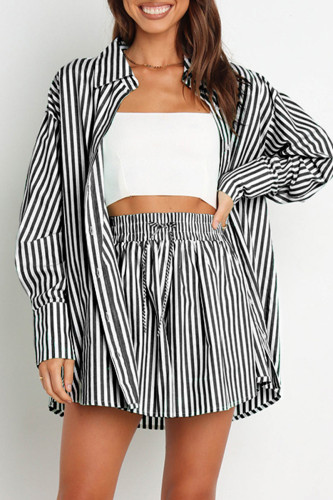 Casual Daily Striped Frenulum Turndown Collar Long Sleeve Two Pieces
