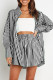 Casual Daily Striped Frenulum Turndown Collar Long Sleeve Two Pieces