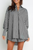 Casual Daily Striped Frenulum Turndown Collar Long Sleeve Two Pieces