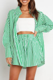 Casual Daily Striped Frenulum Turndown Collar Long Sleeve Two Pieces