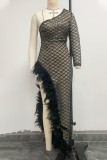 Sexy Party Solid See-through Feathers Oblique Collar Irregular Dress Dresses
