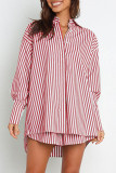 Casual Daily Striped Frenulum Turndown Collar Long Sleeve Two Pieces