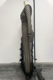 Sexy Party Solid See-through Feathers Oblique Collar Irregular Dress Dresses