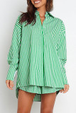 Casual Daily Striped Frenulum Turndown Collar Long Sleeve Two Pieces