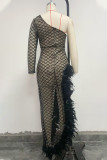 Sexy Party Solid See-through Feathers Oblique Collar Irregular Dress Dresses
