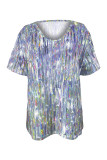 Street Gradual Change Print Sequined V Neck T-Shirts