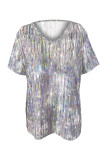 Street Gradual Change Print Sequined V Neck T-Shirts