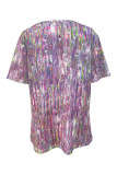 Street Gradual Change Print Sequined V Neck T-Shirts