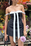 Sexy Street Striped Lace With Bow Square Collar Sling Dress Dresses