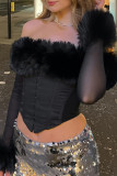 Sexy Solid Buckle Feathers Off the Shoulder Tops