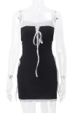 Sexy Street Solid Bandage Contrast Square Collar Sling Dress Dresses