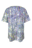 Street Gradual Change Print Sequined V Neck T-Shirts