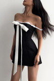 Sexy Street Striped Lace With Bow Square Collar Sling Dress Dresses