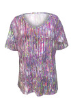 Street Gradual Change Print Sequined V Neck T-Shirts