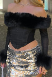 Sexy Solid Buckle Feathers Off the Shoulder Tops