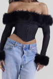 Sexy Solid Buckle Feathers Off the Shoulder Tops