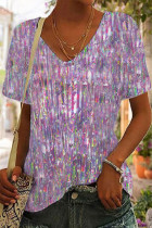 Street Gradual Change Print Sequined V Neck T-Shirts