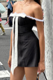Sexy Street Striped Lace With Bow Square Collar Sling Dress Dresses