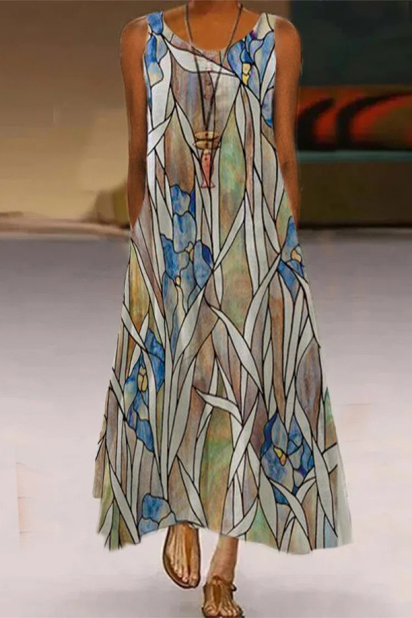 Casual Geometric Print Pocket Contrast O Neck A Line Dresses