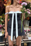 Sexy Street Striped Lace With Bow Square Collar Sling Dress Dresses