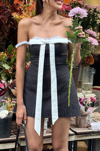 Sexy Street Striped Lace With Bow Square Collar Sling Dress Dresses