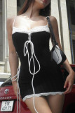 Sexy Street Solid Bandage Contrast Square Collar Sling Dress Dresses