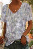 Street Gradual Change Print Sequined V Neck T-Shirts
