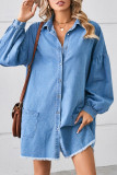 Casual Simplicity Solid Pocket Turndown Collar Long Sleeve Loose Denim Dresses