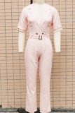 Casual Street Solid Patchwork Buttons Turn-back Collar Regular Jumpsuits