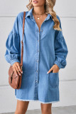 Casual Simplicity Solid Pocket Turndown Collar Long Sleeve Loose Denim Dresses