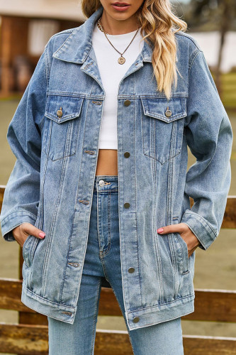 Casual Street Solid Pocket Turndown Collar Long Sleeve Loose Denim Jacket