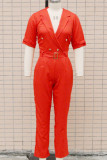 Casual Street Solid Patchwork Buttons Turn-back Collar Regular Jumpsuits