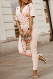 Casual Street Solid Patchwork Buttons Turn-back Collar Regular Jumpsuits