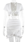 Sexy Solid Frenulum Flounce Fold V Neck Two Pieces