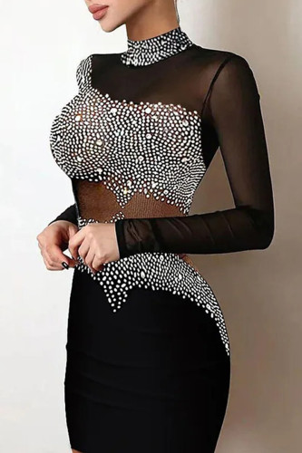 Sexy Solid See-through Hot Drill Mandarin Collar Wrapped Skirt Dresses
