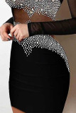 Sexy Solid See-through Hot Drill Mandarin Collar Wrapped Skirt Dresses