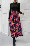 Elegant Print Frenulum Contrast Mandarin Collar A Line Dresses