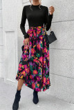 Elegant Print Frenulum Contrast Mandarin Collar A Line Dresses
